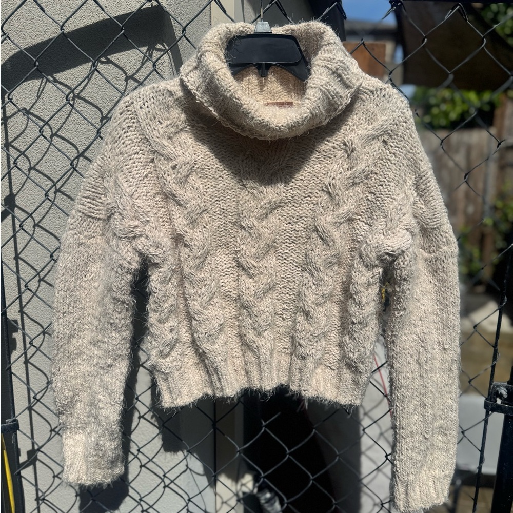 POL Cream Cable-Knit Turtleneck Sweater